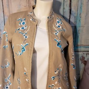 Embroidered lightweight tan denim jacket